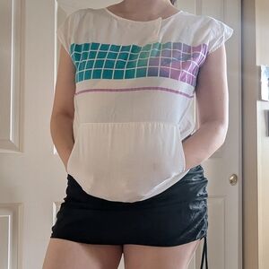 Vintage 80s Ocean Pacific White Top with Blue and Purple Jazz Cup Grid Design